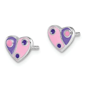 Rhodium Over Sterling Silver Pink and Purple Enamel Heart Post Earrings