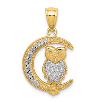 14K Two-tone Gold Diamond-cut Owl on the Moon Pendant