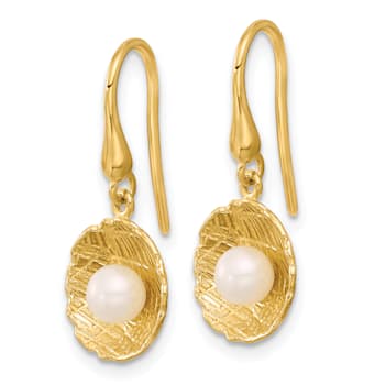 14K Yellow Gold Freshwater Cultured Pearl and Textured Circle Dangle Earrings