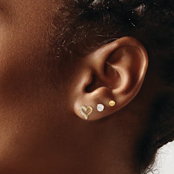 14K Yellow Gold Polished CZ Ball and Heart Post Earring Set