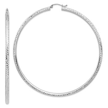 Rhodium Over 14k White Gold 3 1/4" Diamond-Cut Hoop Earrings
