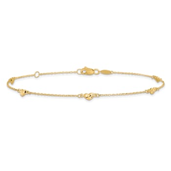 14K Yellow Gold Polished and Diamond-cut Heart with 1-inch Extension Anklet