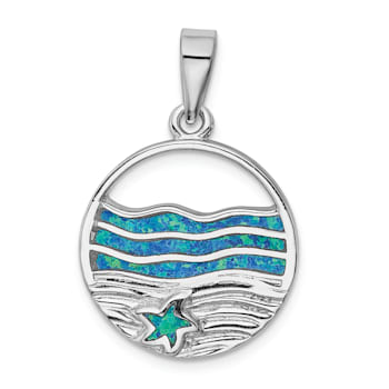 Rhodium Over Sterling Silver Lab Created Opal Starfish Ocean Pendant
