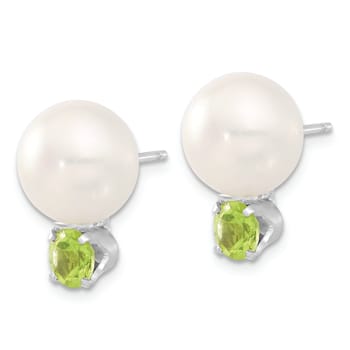 Sterling Silver 10-11mm Freshwater Cultured Button Pearl with Peridot Earrings
