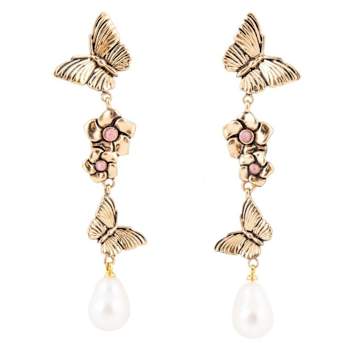 Barse Jewelry Freshwater Pearl With Rhodonite Gold Tone Butterfly Dangle Earrings