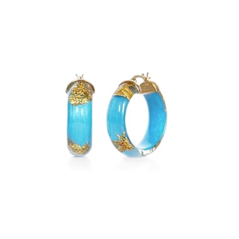 14K Yellow Gold Over Sterling Silver Mini Gold Leaf Acrylic Hoops in
Turquoise Color