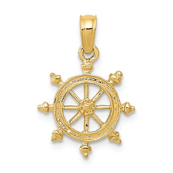 14k Yellow Gold Textured Ship Wheel Pendant