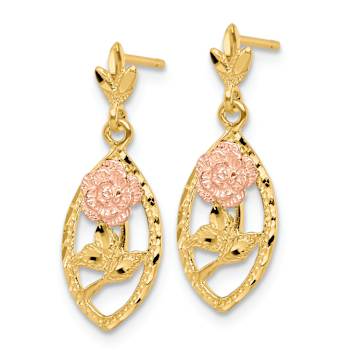 14k Two-tone Textured Flower Dangle Earrings