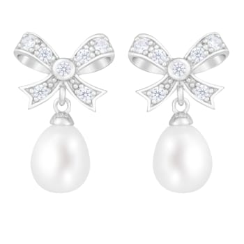 8-8.5mm White Cultured Freshwater Pearl and Cubic Zirconia Rhodium Over
Sterling Silver Earrings