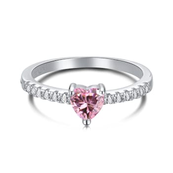 Heart Shape Pink and Round White Cubic Zirconia Accents Sterling Silver Ring