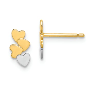14k Yellow Gold and Rhodium Over 14k Yellow Gold Children's Hearts Stud Earrings