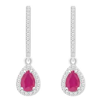 6x4mm Pear Shape Ruby 1/3 ctw Diamond Rhodium Over Sterling Silver Halo
Dangle Earrings
