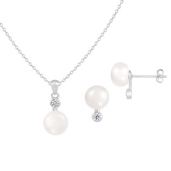 8-8½mm Button White Freshwater Pearl and CZ Rhodium Over Sterling
Earring and Pendant W/Chain Set