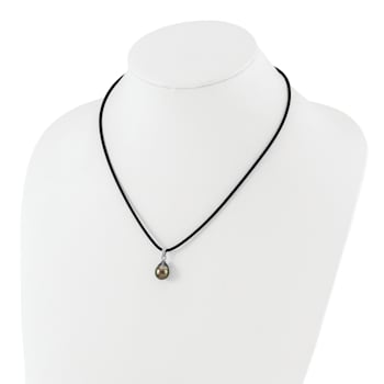 Rhodium Over Sterling Silver Tahitian Pearl 18 Inch Black Silicone Necklace