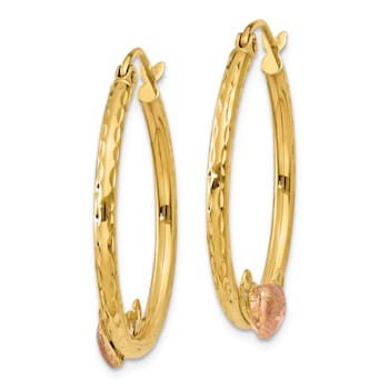 14k Yellow Gold and 14k Rose Gold 1" Heart Diamond-Cut Hoop Earrings