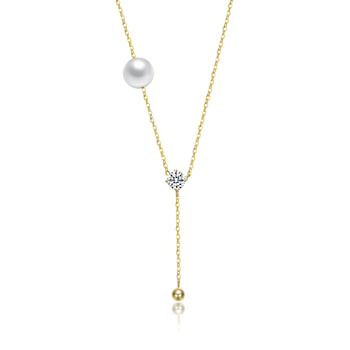Pear Shape CZ And Mother Of Pearl Y-Necklace In 14K Gold Over Brass