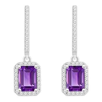 7x5mm Emerald Cut Amethyst 1/3 ctw Diamond Rhodium Over Sterling Silver
Halo Dangle Earrings
