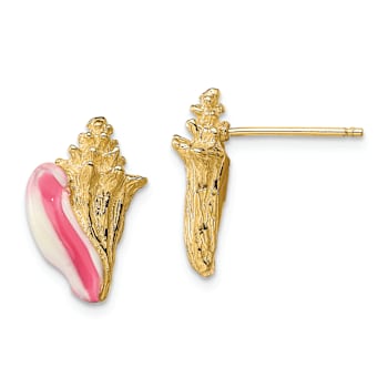 14k Yellow Gold Textured White and Pink Enamel Conch Shell Stud Earrings