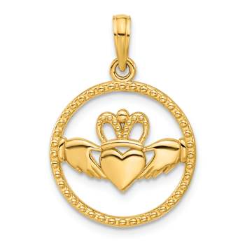 14k Yellow Gold Polished and Textured Circle Claddagh Pendant