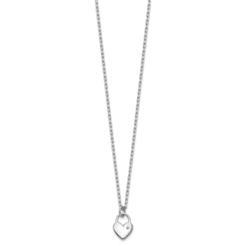 Rhodium Over Sterling Silver Polished Cubic Zirconia Heart Lock Necklace