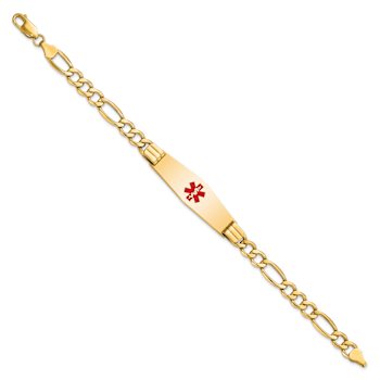 14k Yellow Gold Medical Soft Diamond Shape Red Enamel Figaro Link ID Bracelet