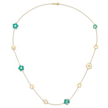 14K Yellow Gold Teal and White Color Mother Of Pearl Flower 30 Inch Necklace