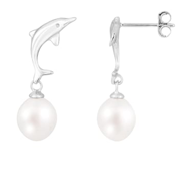 7-8mm white cultured freshwater pearl rhodium over sterling silver earrings