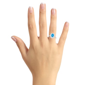 8x6mm Oval Swiss Blue Topaz And White Topaz Accents Rhodium Over
Sterling Silver Double Halo Ring