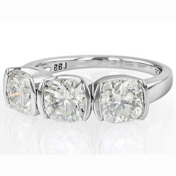 Cushion-Cut Moissanite Three-Stone Ring In Platinum-Enhanced Sterling Silver