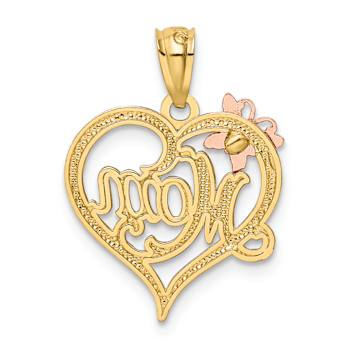 14K Tri-color Gold Textured MOM Heart Pendant