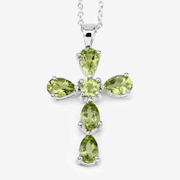 Green Peridot Rhodium Over Sterling Silver Cross Pendant With Chain