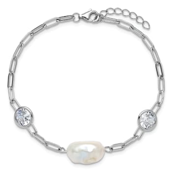 Rhodium Over Sterling Silver Cubic Zirconia and Pearl Link with
0.75-inch Extension Bracelet