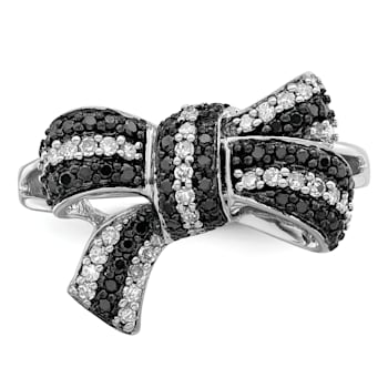 Rhodium Over Sterling Silver Black and White Diamond Bow Ring