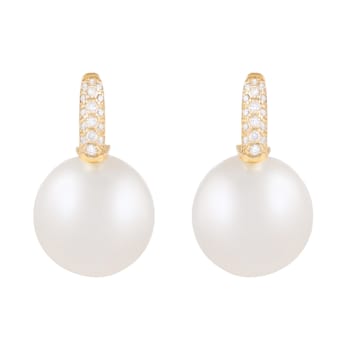 12-13mm White South Sea pearl earrings in 14k yellow gold with .17CT DTW
