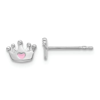 Rhodium Over Sterling Silver Pink Enamel Heart Crown Children's Post Earrings