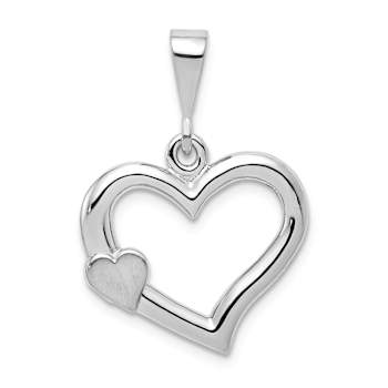 Rhodium Over 14k White Gold Solid Satin and Polished Fancy 3D Heart Pendant