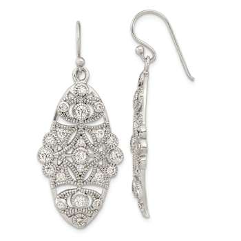Sterling Silver Polished and Textured Cubic Zirconia Fancy Dangle Earrings