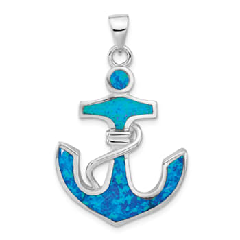 Rhodium Over Sterling Silver Blue Lab Created Opal Anchor Pendant