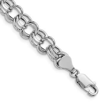 Rhodium Over 14k White Gold 7.5mm Diamond-Cut Double Link Charm Bracelet