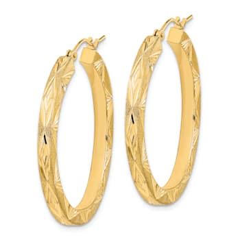 14K Yellow Gold Polished, Satin and Diamond-Cut 1 7/16" Hoop Earrings
