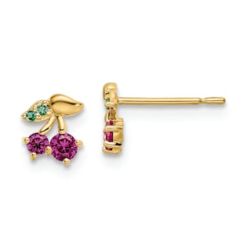 14K Yellow Gold Red Cubic Zirconia and Green Glass Cherry Post Earrings