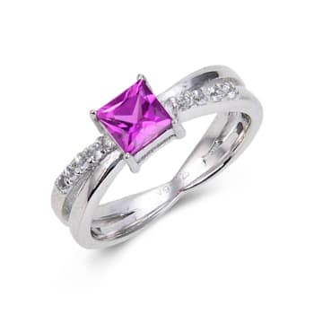 Square Lab Created Purple Sapphire and White Topaz Sterling Silver
Crossover Split Shank Ring