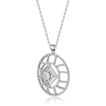 Geometric CZ Halo Pendant Necklace In White Rhodium Over Brass