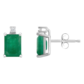 6x4mm Emerald Cut Emerald with Diamond Accents 14k White Gold Stud Earrings