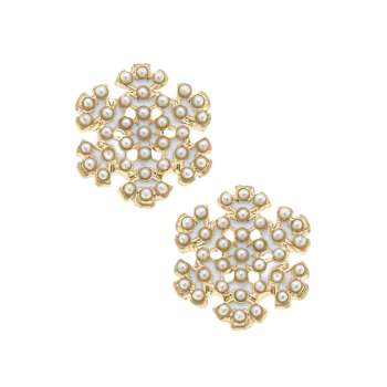 Pearl Simulant Studded Snowflake Gold Tone Enamel Stud Earrings
