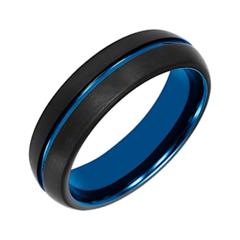 6.5mm Comfort Fit Band in Black and Blue Tungsten Carbide with Brushed Finish