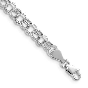 Rhodium Over 10k White Gold 5mm Diamond-Cut Double Link Charm Bracelet