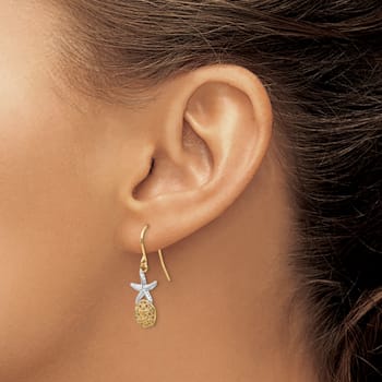 14K Two-tone Gold Textured Starfish with Sand Dollar Dangle Earrings