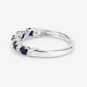 Blue Sapphire and White Topaz Five Stone Sterling Silver Band Ring