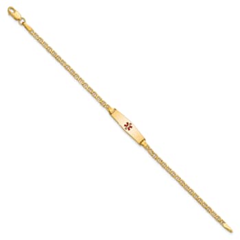 14k Yellow Gold Medical Soft Diamond Shape Red Enamel Mariner Link ID Bracelet